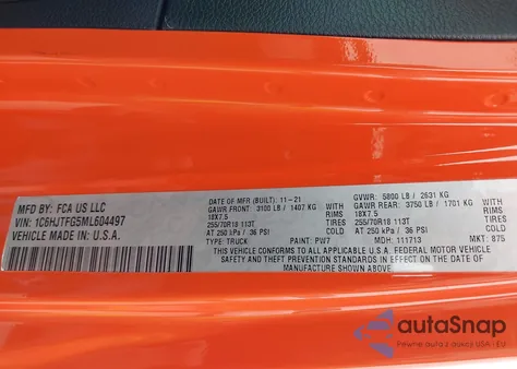 2021 Jeep Gladiator Overland 4X4 z USA, uszkodzony, nr VIN 1C6HJTFG5ML604497